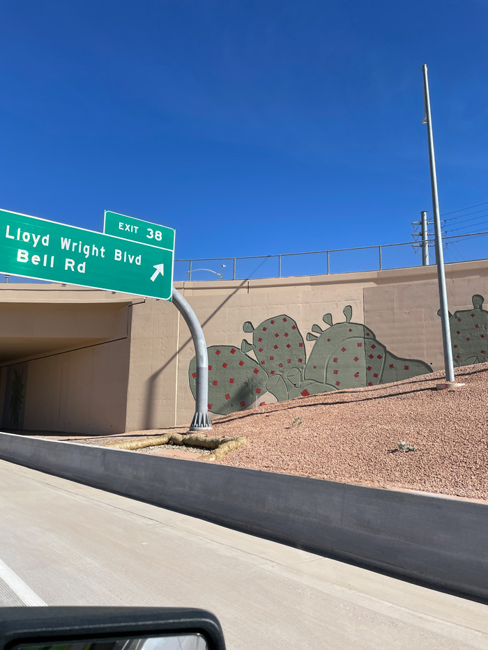 Desert-themed prickly pear cactus mural along Loop 101 sound wall near the Frank Lloyd Wright Boulevard and Bell Road exit.
