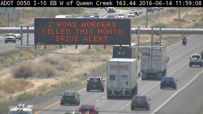 Freeway message board mentioning road worker deaths
