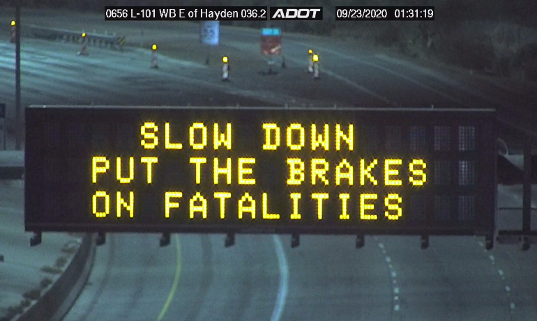 Freeway board with safety message about reducing fatalities