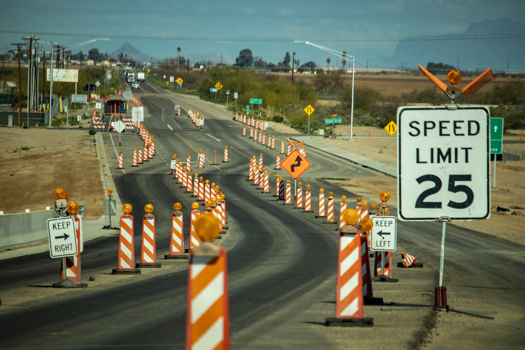 Work zone with lighted barricades