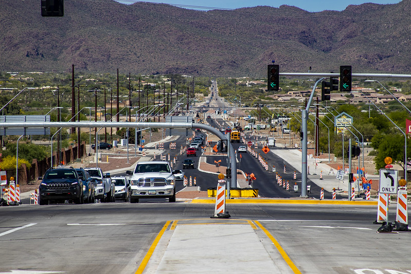 Work zone with barriers and traffic cones