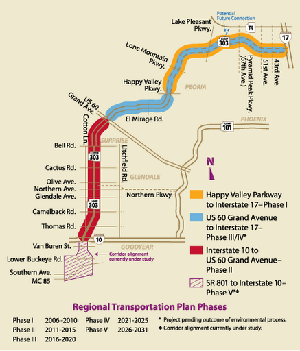 A graphic map shows proposed routes for the future Loop 303 in the Phoenix Arizona area.