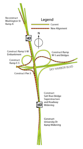 Map showing planned construction and new road alignments near Sky Harbor Blvd and Route 143 in Phoenix.