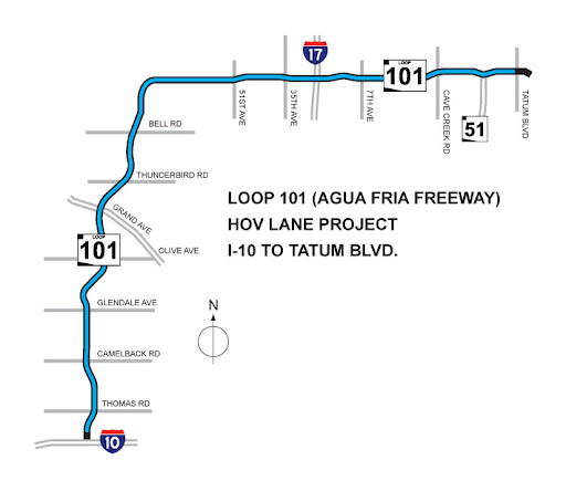 A map shows the Loop 101 HOV Lane Project route from I-10 to Tatum Blvd, with major intersecting roads and highways labeled along the freeway.