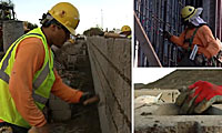 Three images show construction workers building with bricks and concrete, wearing safety gear and high-visibility vests.