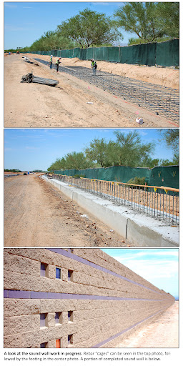 Three photos show stages of sound wall construction: workers with rebar frames, a concrete base with rebar, and a finished stone-textured wall with openings.