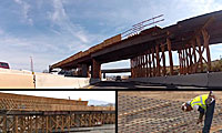 A highway overpass under construction with wooden supports, plus two insets: one shows a side view of the structure, the other shows a worker inspecting rebar.