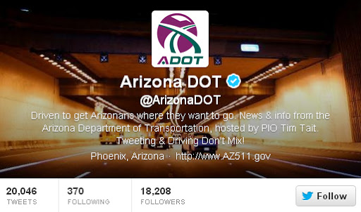 Arizona DOT Twitter profile banner featuring a lit road tunnel and official logo at the top center.