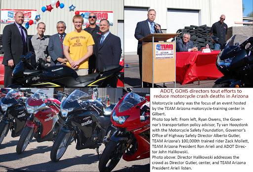 A group photo by motorcycles with officials at a podium for a TEAM Arizona safety event, highlighting efforts to reduce motorcycle crashes in Arizona.