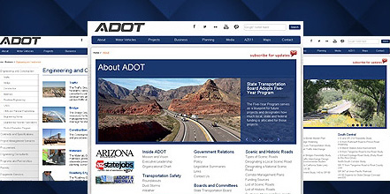 Screenshot of the ADOT website homepage, showing navigation menus, a photo of a highway through red mountains, and sections for updates and resources.