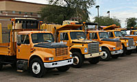 Four yellow dump trucks are parked in a row on a paved lot.