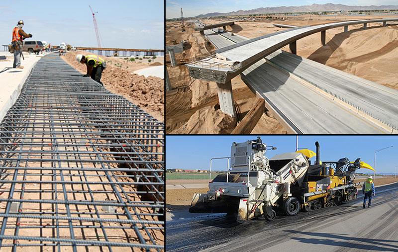 Three images show road and bridge construction: workers lay rebar, a partially built overpass spans sand, and machines pave a new road with asphalt.