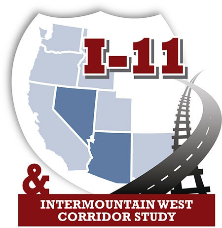 Logo showing a U.S. map with western states highlighted, I-11 in bold red letters, a road and rail graphic, and text: Intermountain West Corridor Study.