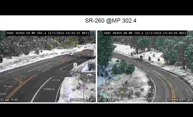 Two traffic camera images show a snowy, curved road with trees on the sides. A vehicle is driving on the road under cloudy skies.