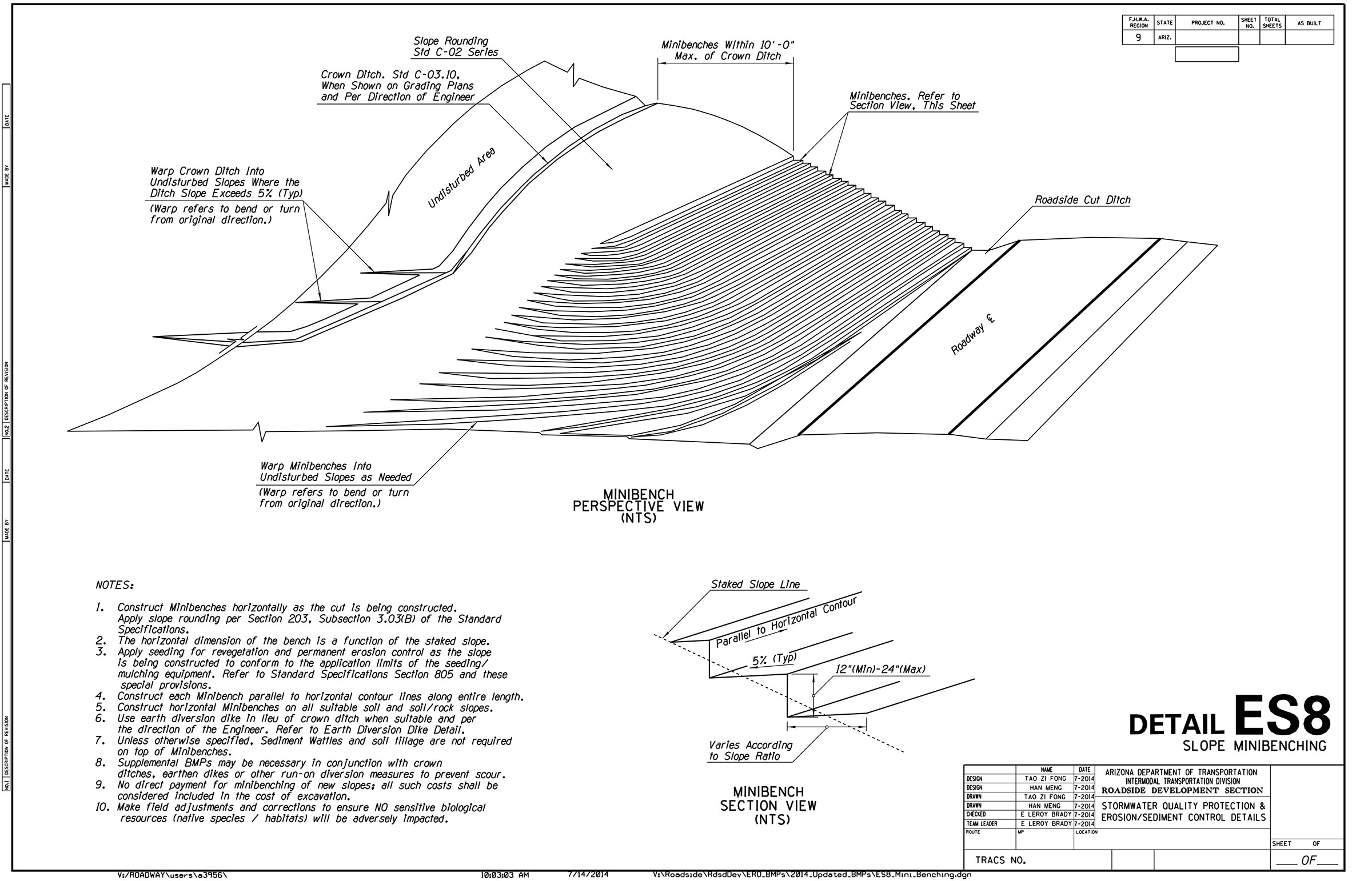 Technical drawing showing slope mine benching detail with perspective and section views, labeled annotations, contour lines, and construction notes, titled DETAIL ES8.