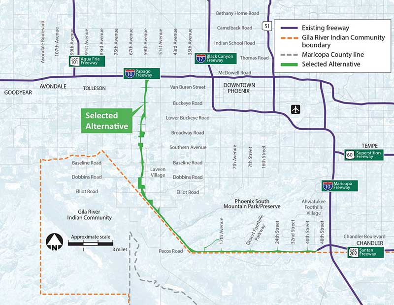 Map showing the proposed route of the Phoenix Arizona South Mountain Freeway.