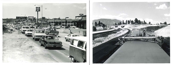 Left: cars in heavy traffic; right: road construction with paving machinery and hills in the background.