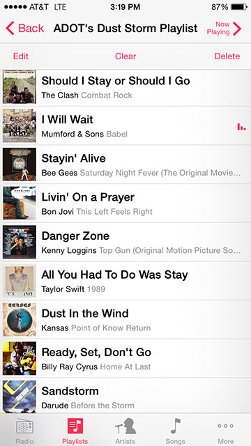 Screenshot of a music playlist titled “ADOT’s Dust Storm Playlist” with songs by The Clash, Mumford & Sons, Bee Gees, Bon Jovi, Kenny Loggins, and more.