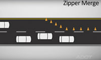 Diagram showing cars merging in a zipper pattern at cones, with Zipper Merge text in the corner.