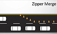 Diagram showing cars using a zipper merge at a lane closure, with traffic cones blocking one lane and vehicles alternating to merge into the open lane.