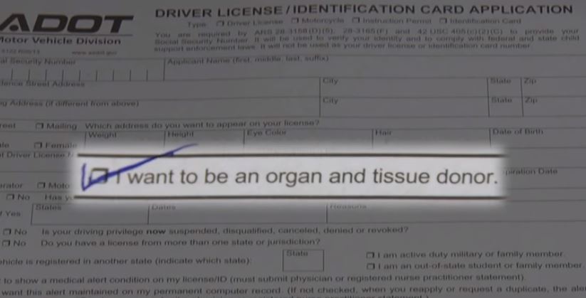 Image of MVD form with organ donation box checked