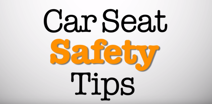 Text reading Car Seat Safety Tips with the word Safety highlighted in orange; other words are in black on a plain light background.