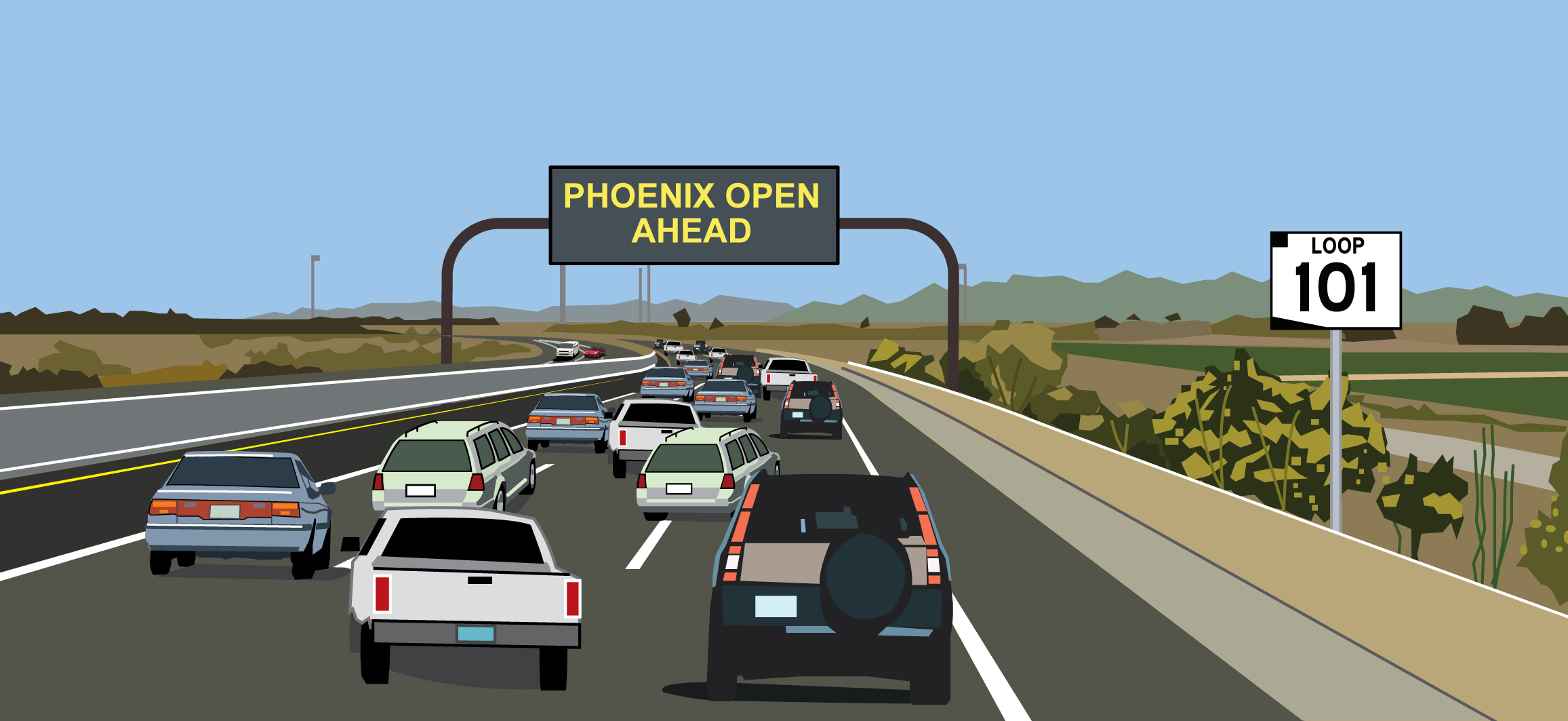 Cartoon depicting freeway traffic and message board saying Phoenix Open Ahead