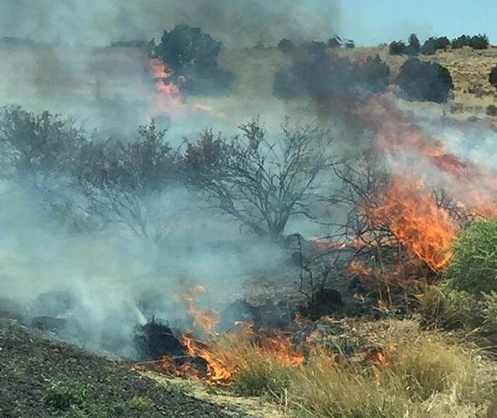 Brush fire burning through dry grass and shrubs in a rural area, producing thick smoke and orange flames under a partly cloudy sky.