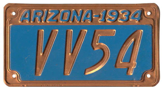 Blue and copper 1934 Arizona license plate reading VV54.