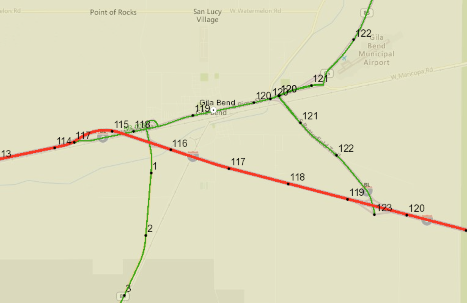 Map showing mileposts in the Gila Bend area