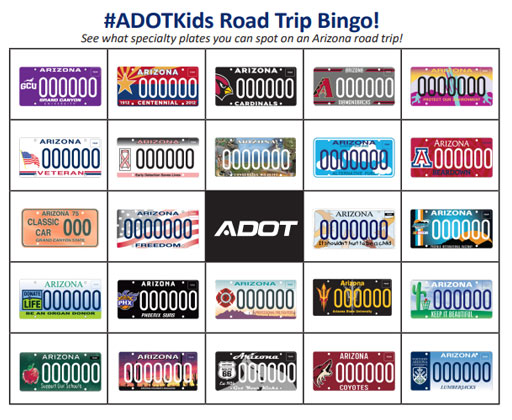 A bingo card titled #ADOTKids Road Trip Bingo! showing 25 different Arizona specialty license plate designs in a 5x5 grid.