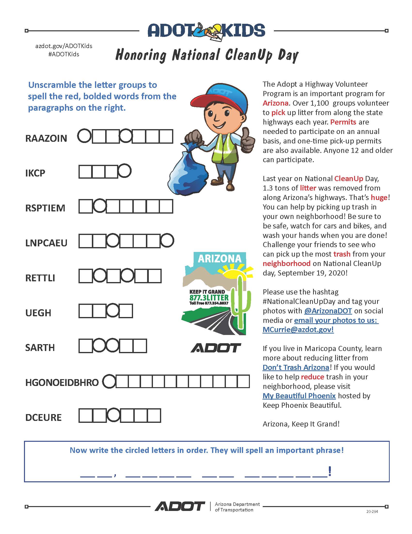 ADOT kids adopt a highway word scramble.