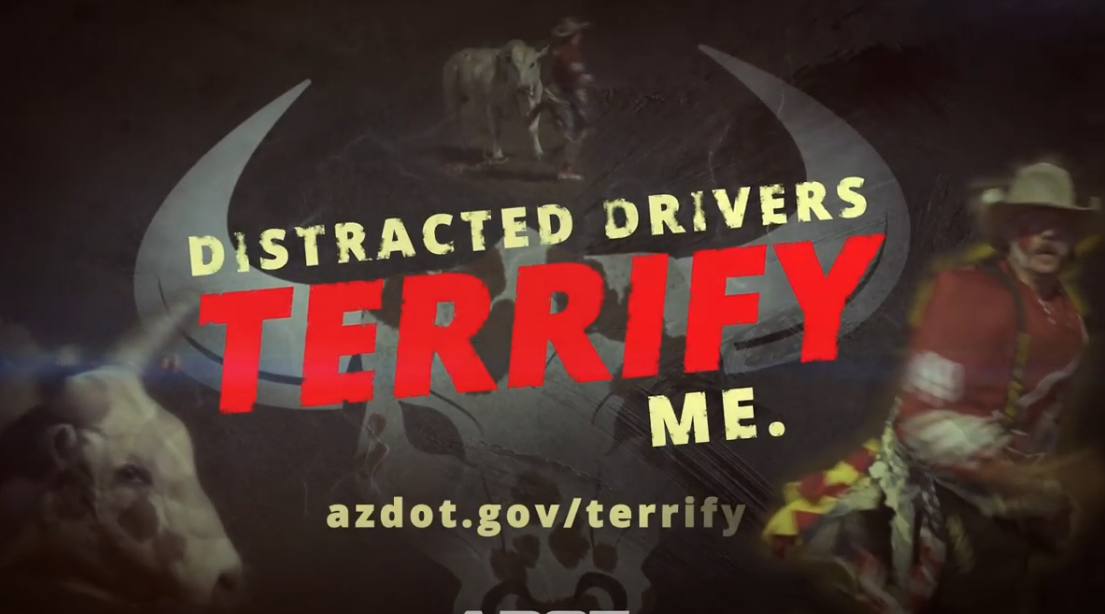 A graphic reads Distracted drivers terrify me. with bull riding and cowboy images in the background.