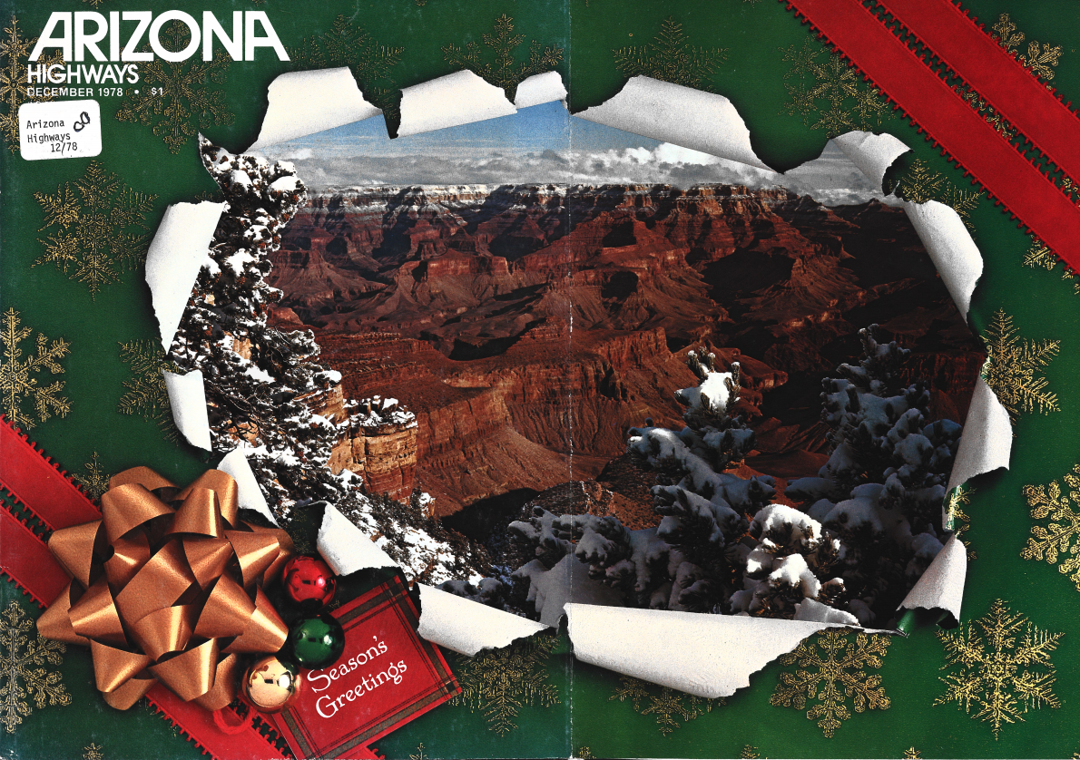 Graphic of wrapping paper torn open to reveal the Grand Canyon