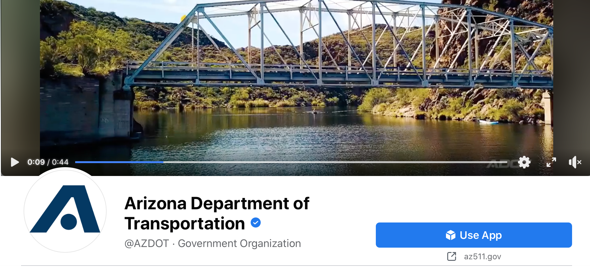 A steel bridge spans a river with hills in the background on the Arizona Department of Transportation page.