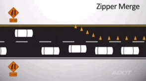Diagram showing cars using a zipper merge at a lane closure, with traffic cones blocking one lane and vehicles alternating to merge into the open lane.