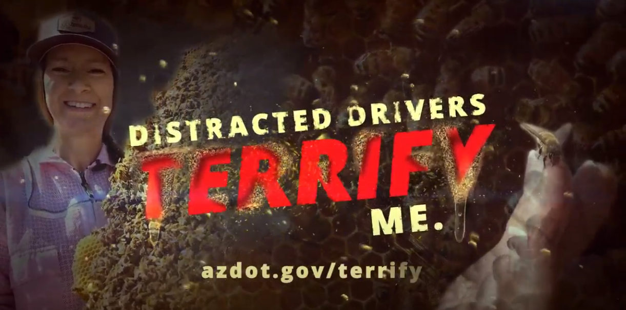 A smiling woman beside bold text: Distracted drivers terrify me. azdot.gov/terrify.