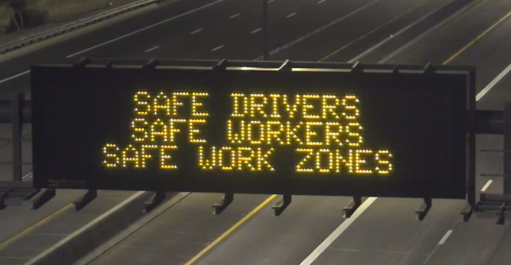 Work Zone Safety Awarness message on freeway board