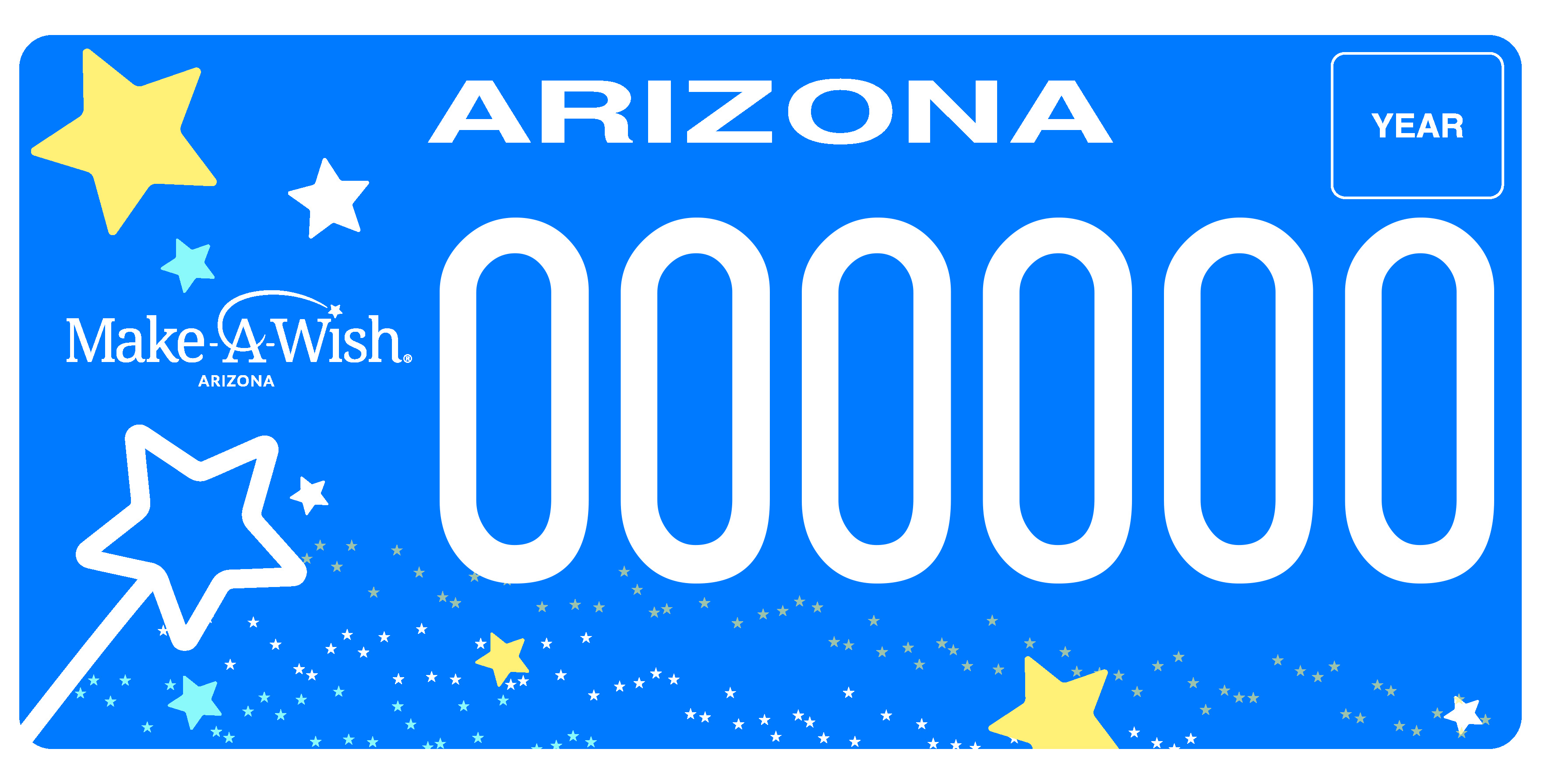 Arizona license plate with a blue background, yellow and white stars, Make-A-Wish logo, and large white numbers in the center.