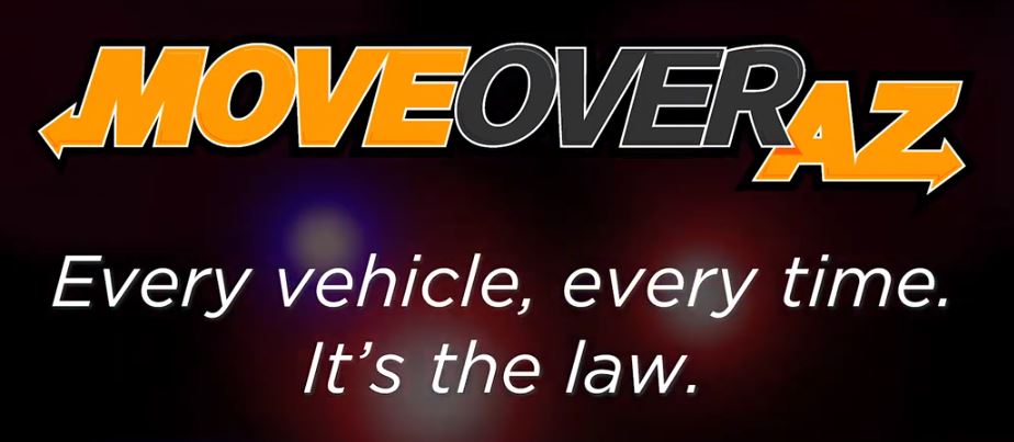 The graphic reads MOVE OVER AZ. Every vehicle, every time. Its the law. on a dark background with blurred red and blue lights.