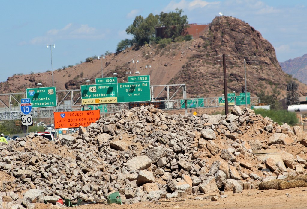 Demolished roadway concrete pieces to be reused