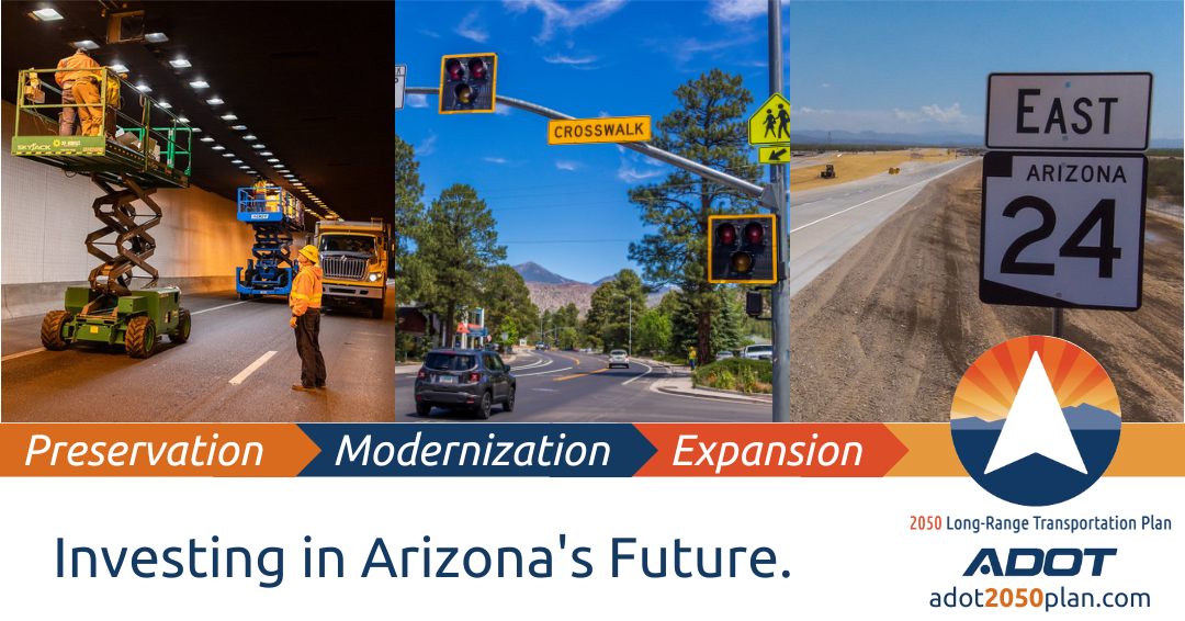 A graphic showing ADOT workers maintaining roads, with signage for preservation, modernization, and expansion as part of the 2050 Long-Range Transportation Plan.
