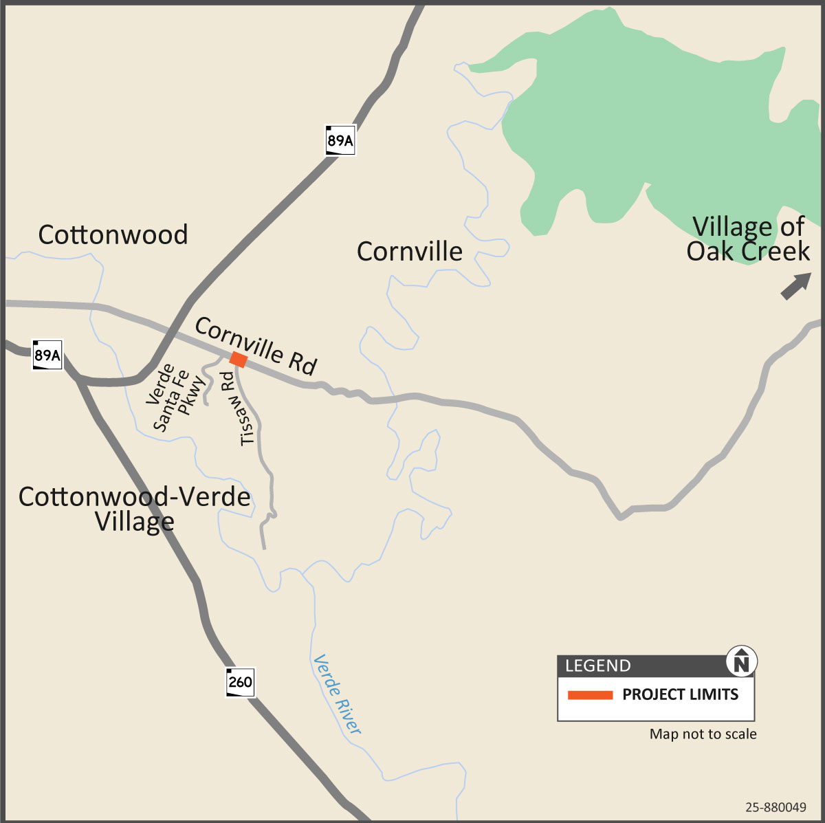 ADOT map for the Cornville Road Roundabout project in Yavapai County, Arizona, showing the intersection of Cornville Road and Tissaw Road marked as the project limits. The map includes nearby communities such as Cornville, Cottonwood, Cottonwood-Verde Village, and the Village of Oak Creek, along with State Routes 89A and 260 and the Verde River. A legend identifies the project limits.