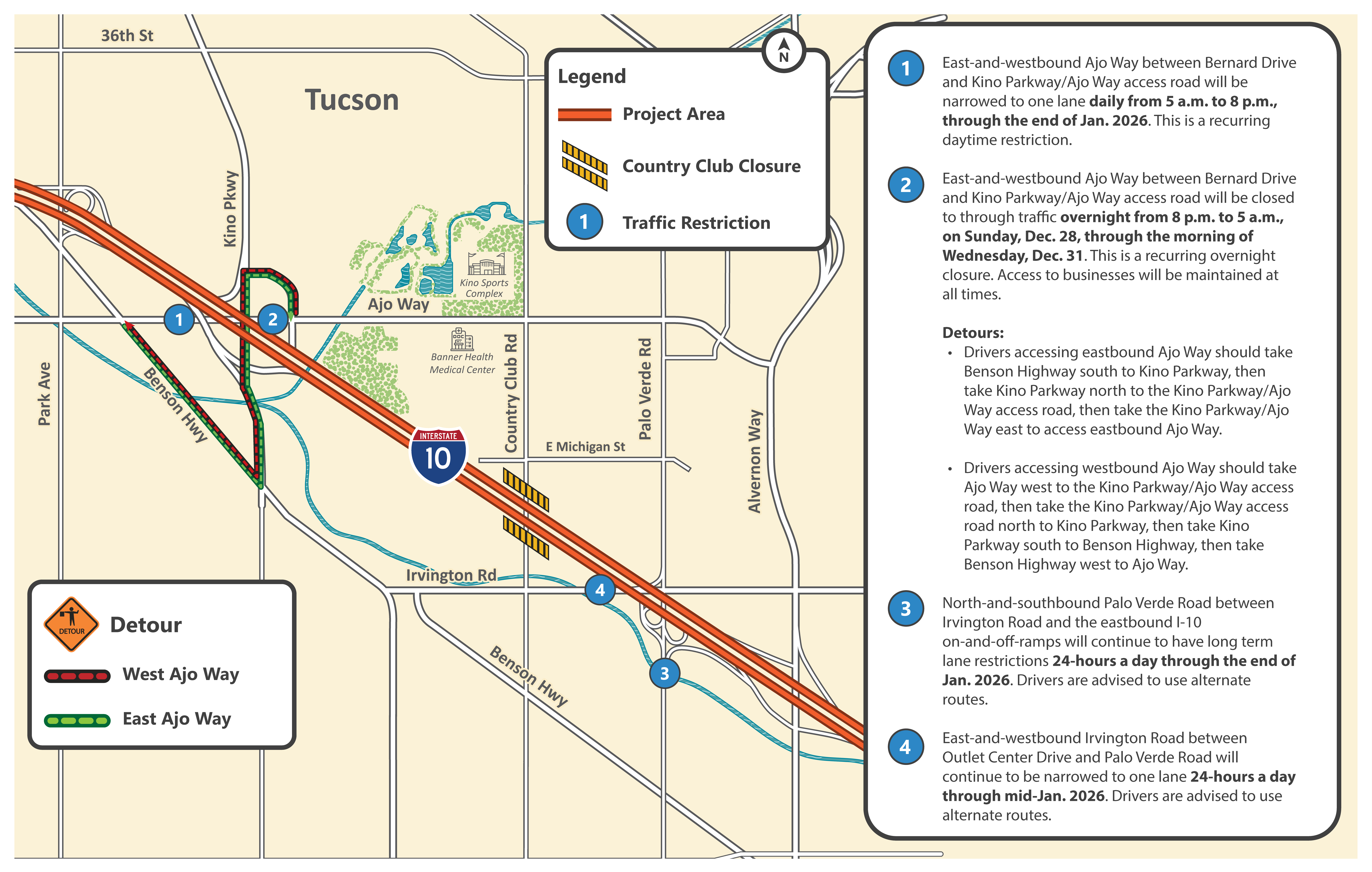 I-10 Kino to Country Club Restriction Map for Dec 22-Jan 3