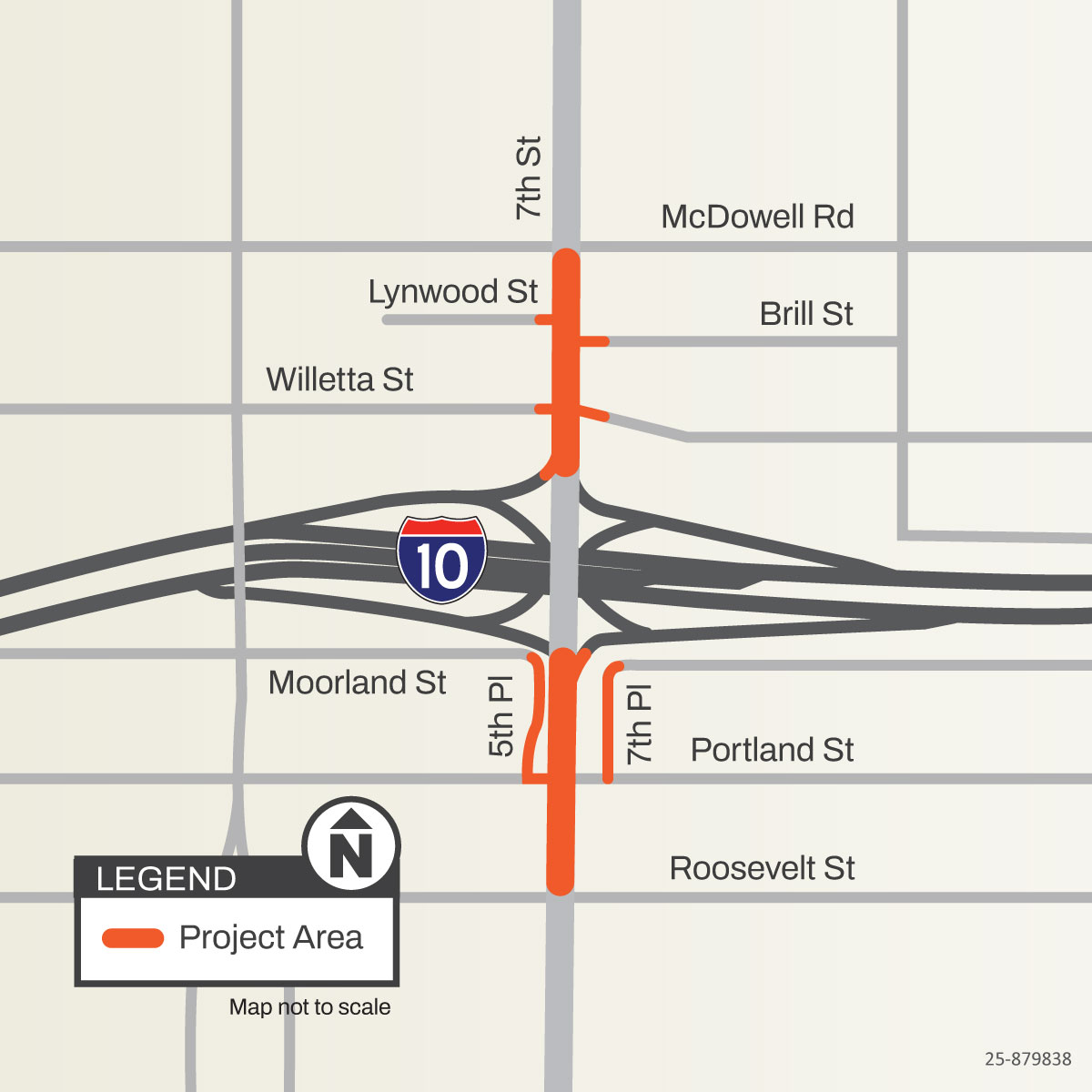 ADOT Map showing the project area along Seventh Street at Interstate 10 in Phoenix. Project limits are highlighted north and south of I-10 near McDowell Road, Roosevelt Street, and surrounding cross streets.