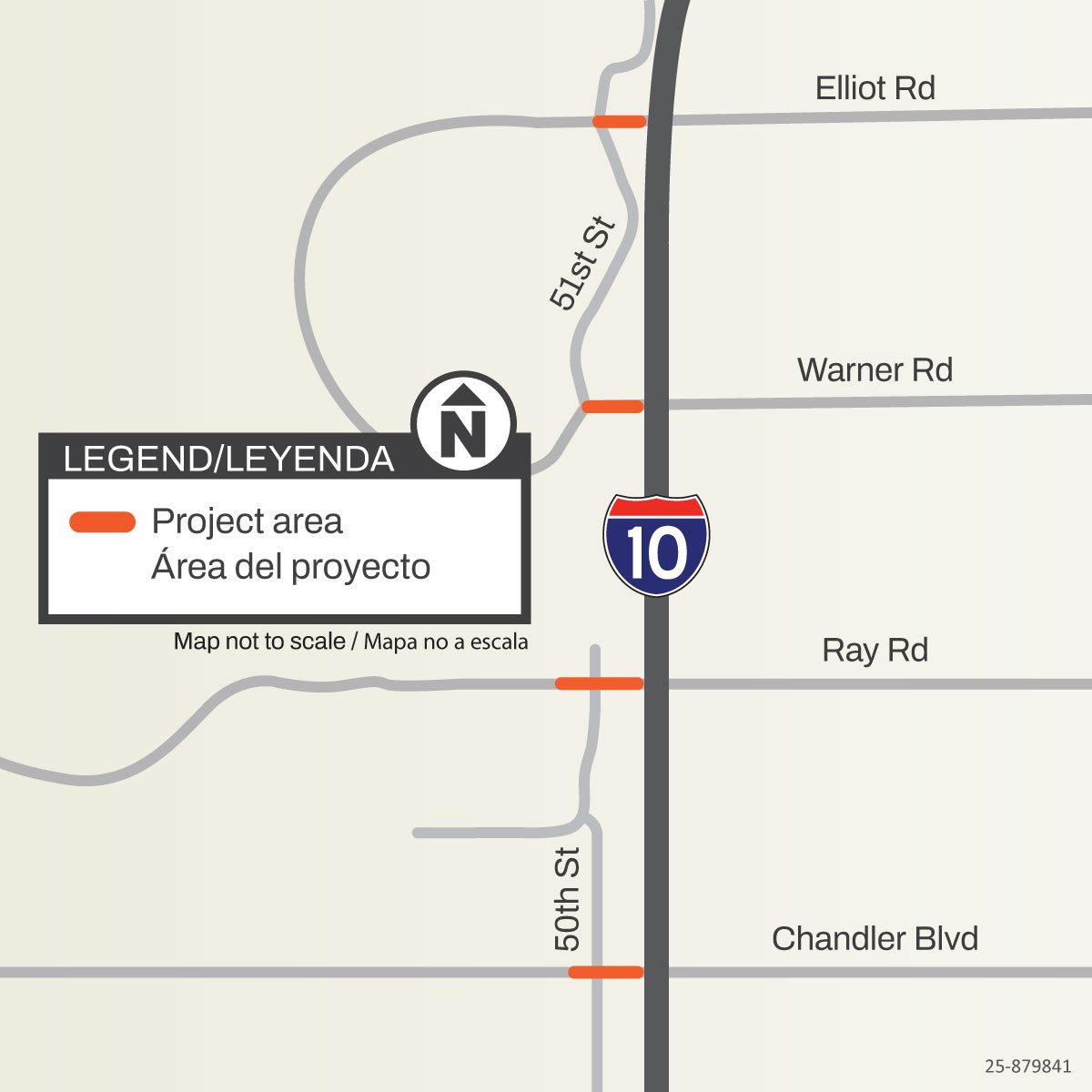 ADOT Map showing project areas for improvements along Interstate 10 in Phoenix. Work areas are highlighted at Seventh Street north and south of I-10, and at Elliot Road, Warner Road, Ray Road, and Chandler Boulevard west of I-10.