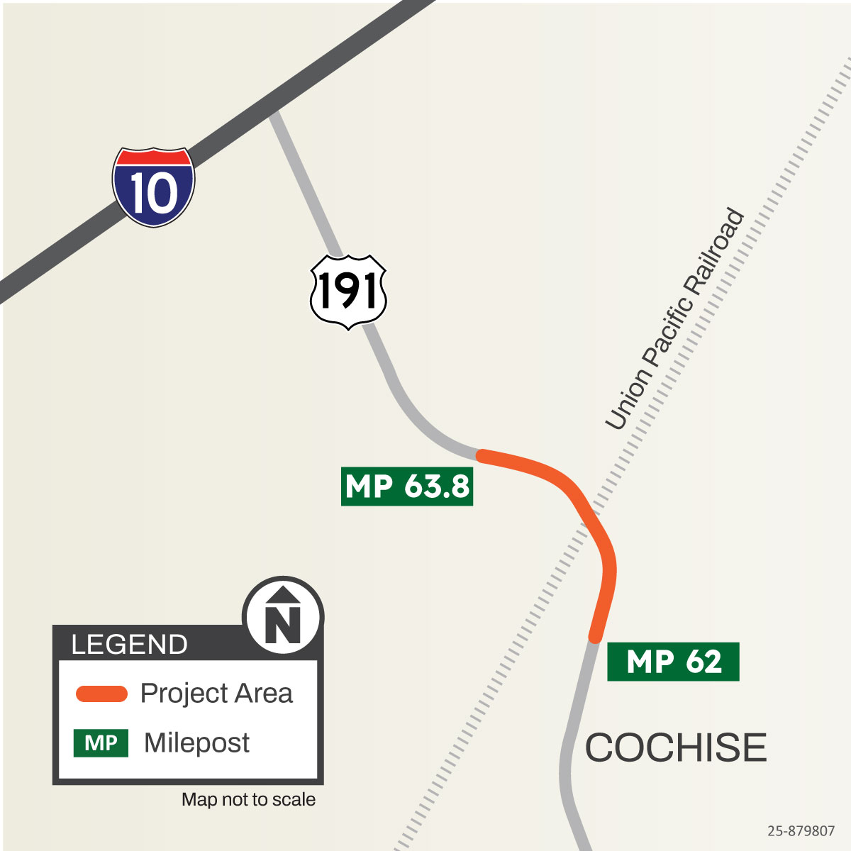 ADOT map for the US 191 Cochise Railroad Overpass Bridge Replacement Project showing the project area highlighted along US 191 between mileposts 62 and 63.8 near Cochise, Arizona. The map shows the Union Pacific Railroad crossing, nearby Interstate 10, milepost markers, and a north arrow, with the project segment indicated in orange.