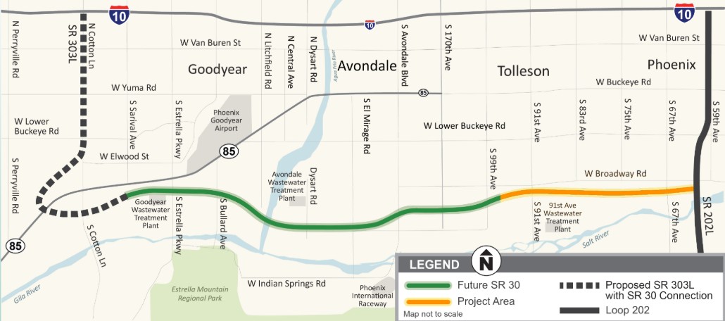 Map showing the alignment of the center segment of SR 30 between Loop 303 and Loop 202.