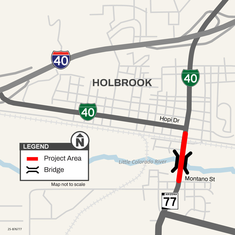 ADOT Map of Holbrook, Arizona, showing the project area along State Route 77 south of downtown. The highlighted section indicates the Little Colorado River bridge and nearby roadway scheduled for rehabilitation.