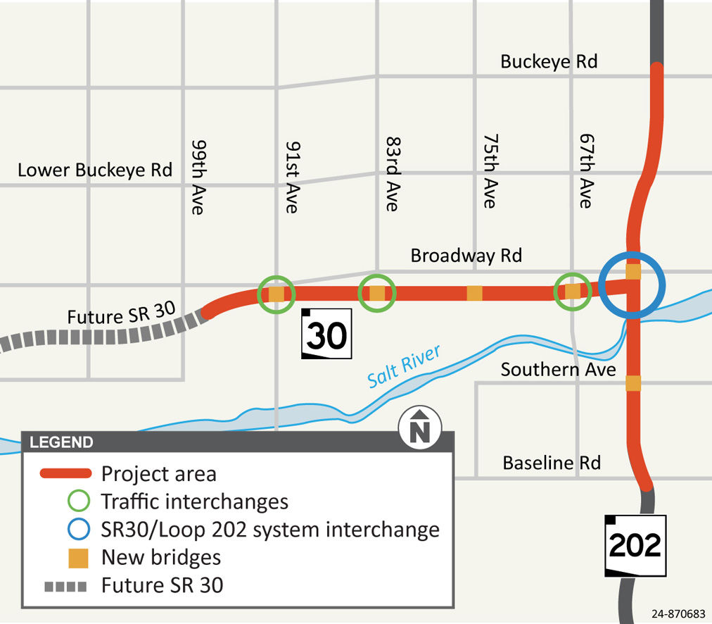 Map showing the SR 30 project area from 97th Avenue to Loop 202, including traffic interchanges, the SR30/Loop 202 system interchange, and new bridge locations.